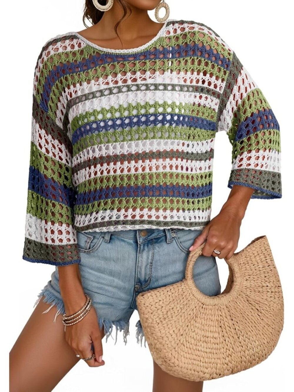 Women's Green Sleeve Crochet Sweater Hollow Block  Cover Ups Striped Tops